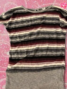 Studio Y Striped Short-Sleeve Knit Top in Gray, Burgundy, Cream